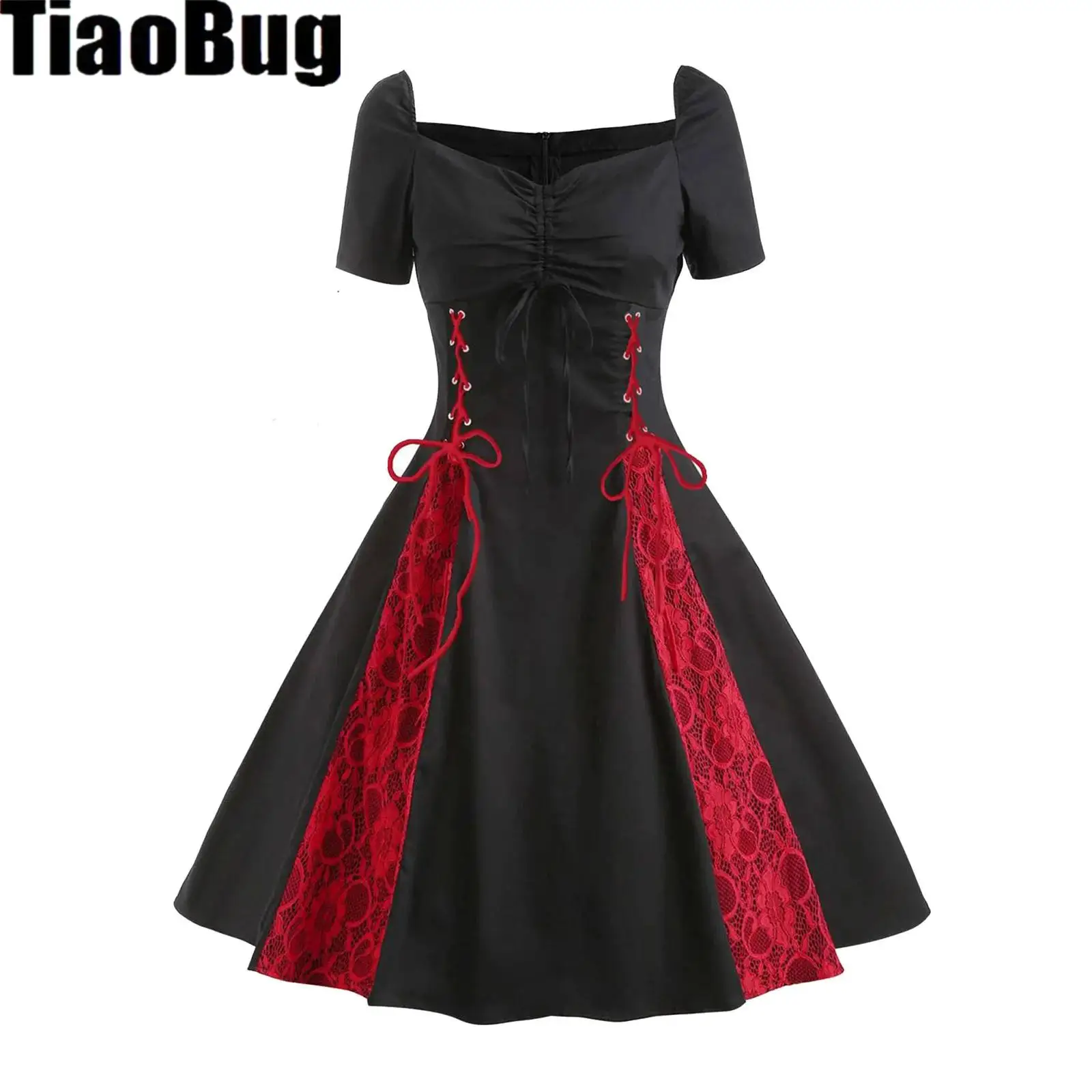 

Womens Gothic Vintage A-line Dress Front Drawstring Side Lace-up Floral Lace Patchwork Short Sleeve Swing Dress for Party