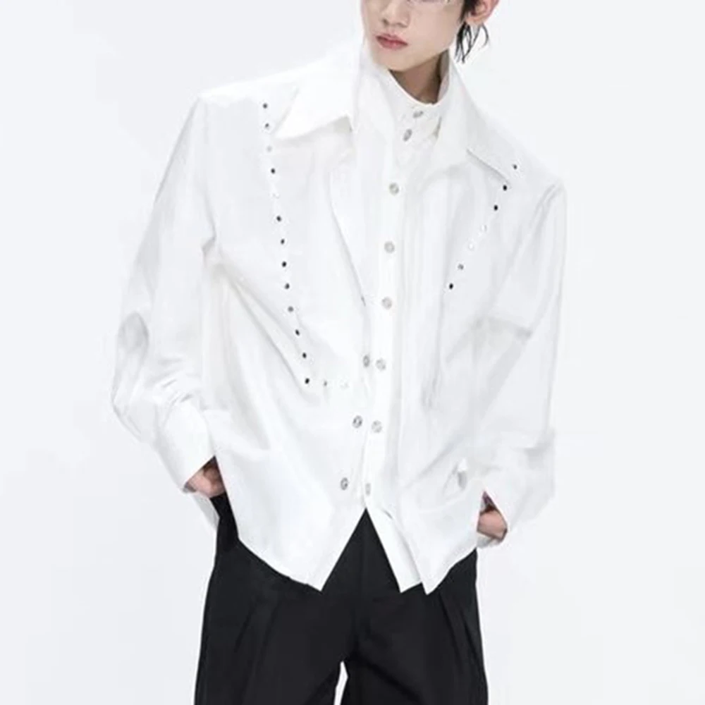 Mens Y2k Faux Two Piece Studded Shirt Summer Streetwear Fashion Youth Stage City Boy Lightweight Punk Long Sleeve Top 2026 New