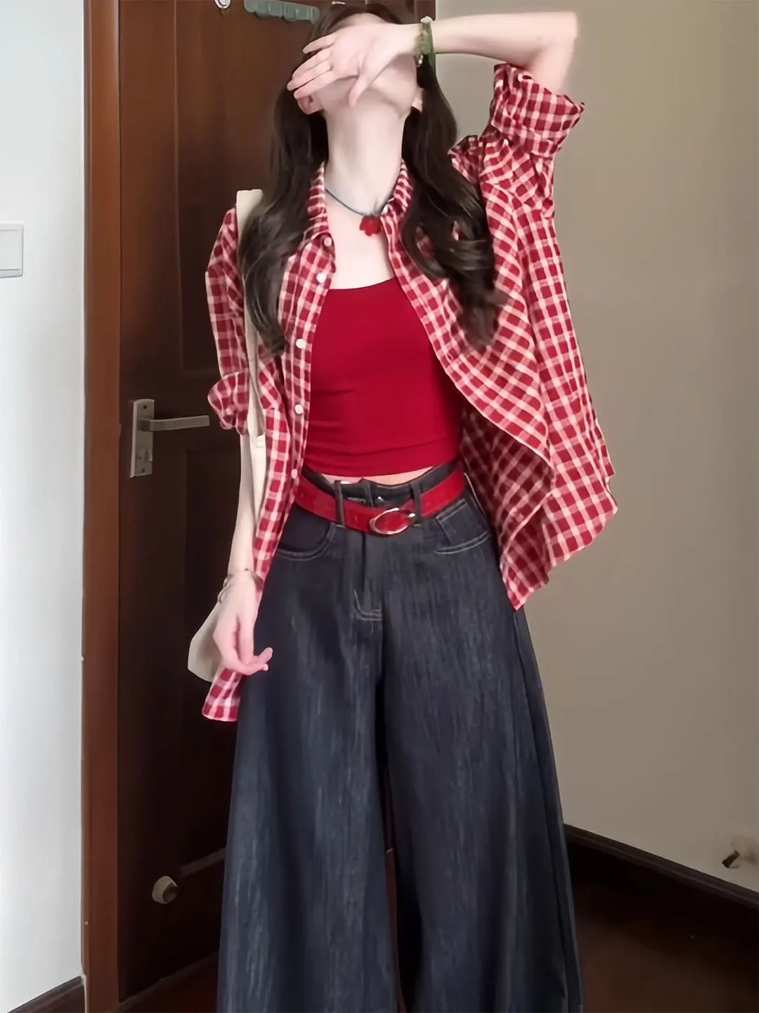 

Retro American Red Plaid Long Sleeve Women's Shirt Sun Protection Spring 2026 New Style Dopaamine Beautiful Top Citywalk