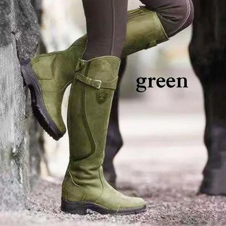 Women Winter Fashion Leather Low Heel Boots Zipper Knight Boots Vintage Outdoor Riding Boots Long Boots Knee High Boots