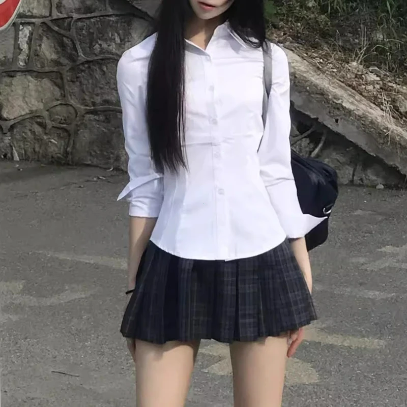 Harajuku Y2K Camicia bianca slim fit Donna 2025 Vita dimagrante Manica lunga Camicie Jk Donna All Match Colletto rovesciato Camicetta chic