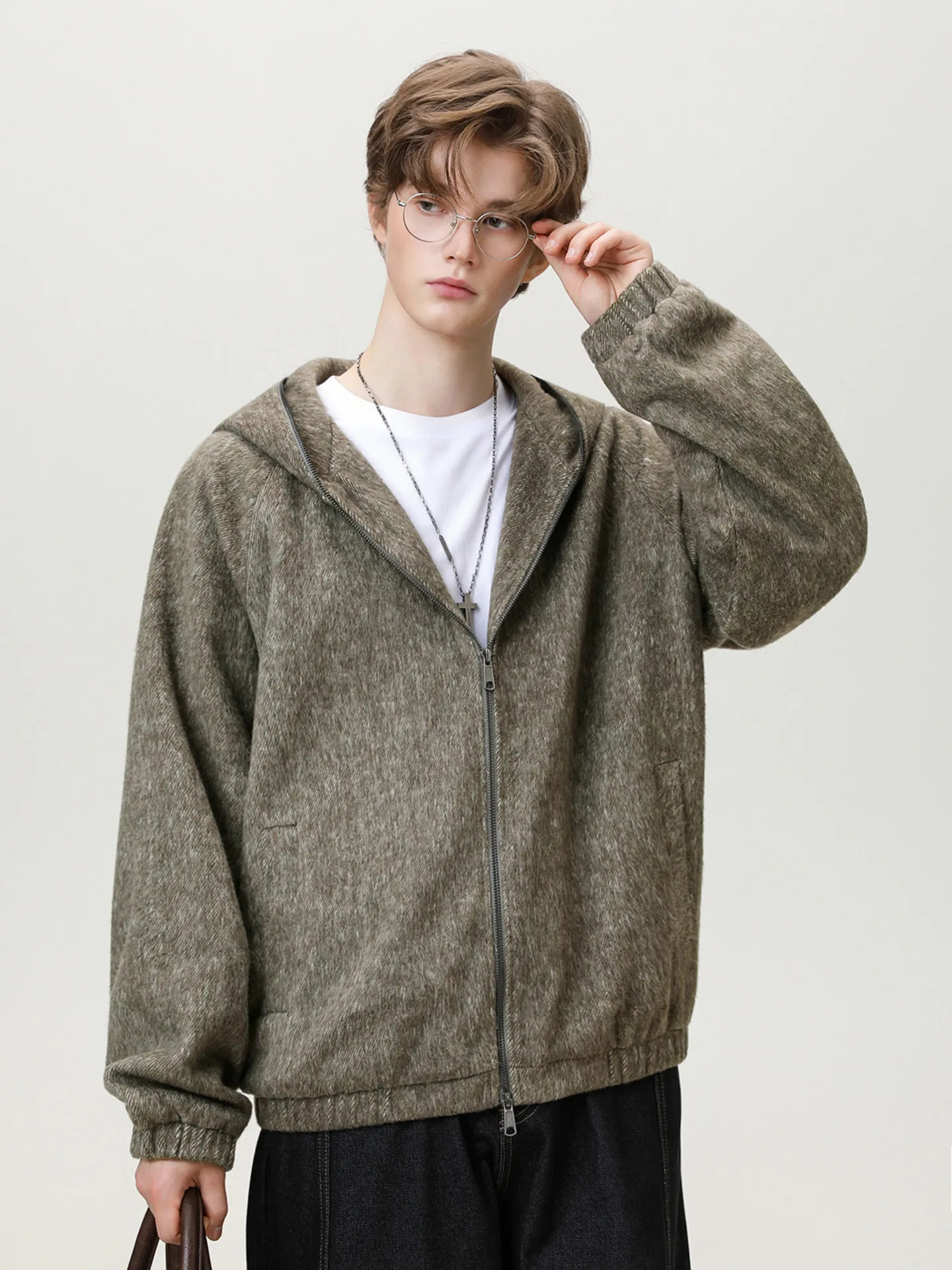Texture Mohair Cardigan Hooded Jacket Men's Autumn Winter Contour Loose American Jacket Lazy Senior Sweater