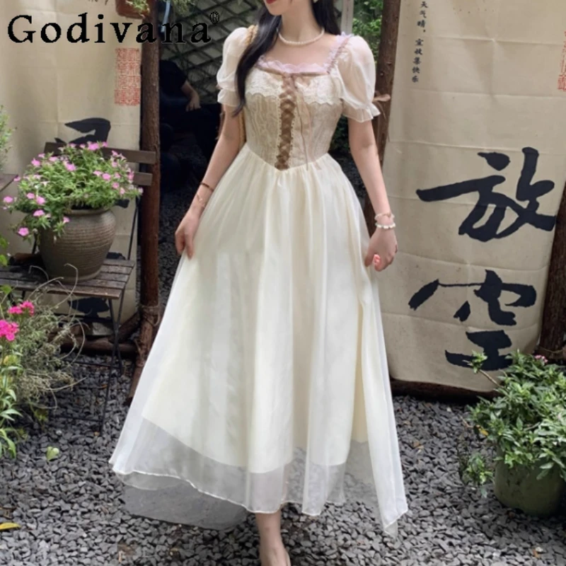 

Summer Plus Size Women French Retro Court Fashion Long Dress Elegant Lace Square Neck Short Sleeve High Waist A-line Dresses
