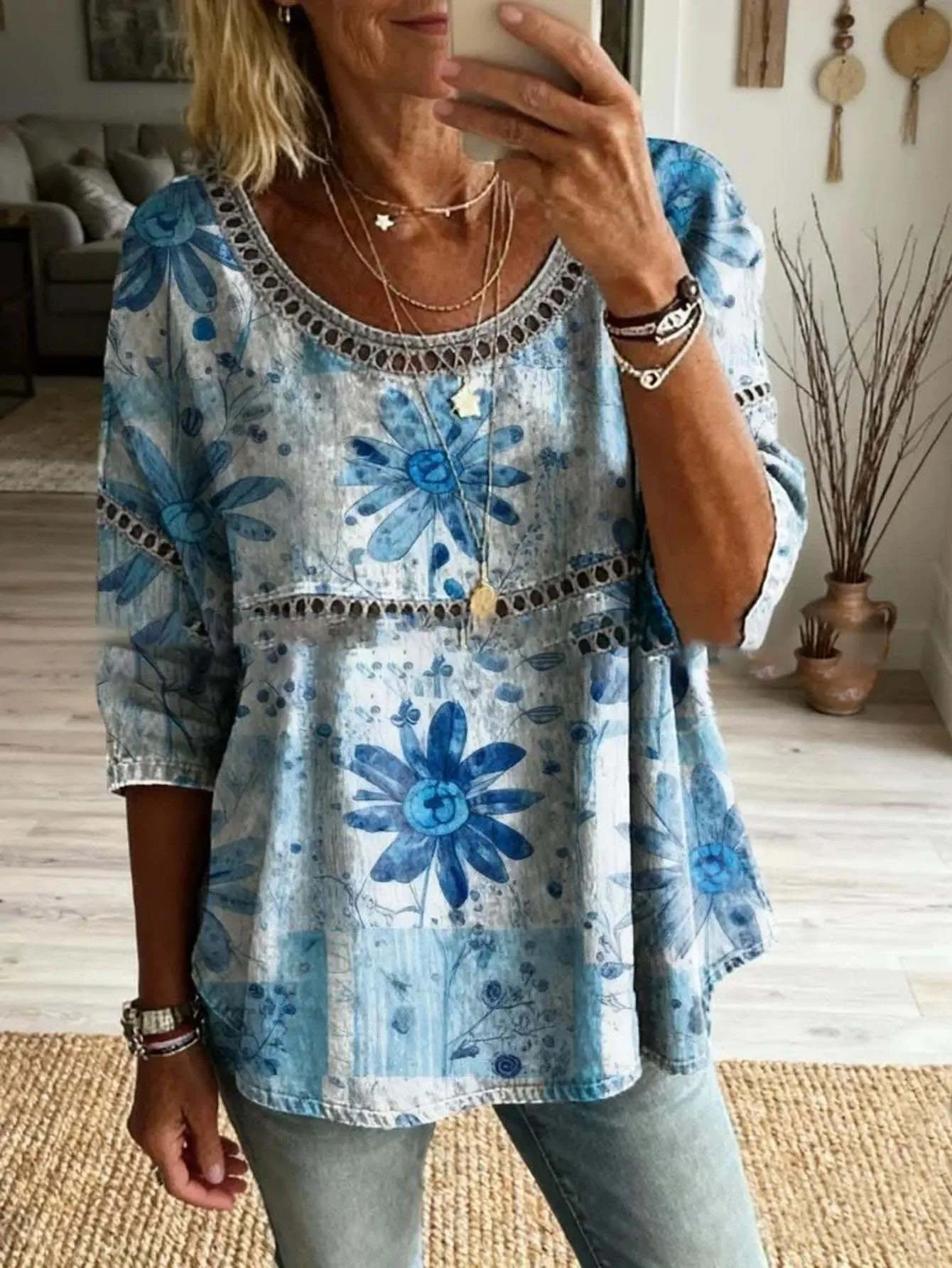 Blusa de talla grande para mujer, estampado floral 3D, corte holgado, manga larga, estilo boho.