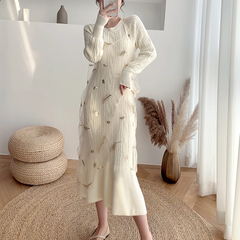 

Korean Chic Slim Knit Sweater Dress Women Knitted with Mesh Spaghetti Strap Dress Female Long Sleeve Soft Vestidos Winter Autumn