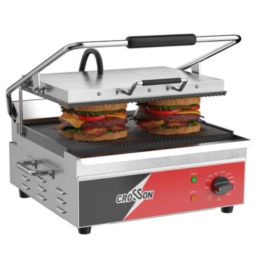 15×11 Ribbed ETL Listed Commercial Electric Panini Grill with Hinged Auto Leveling Top Plate Sandwitch Maker in Stainless Steel