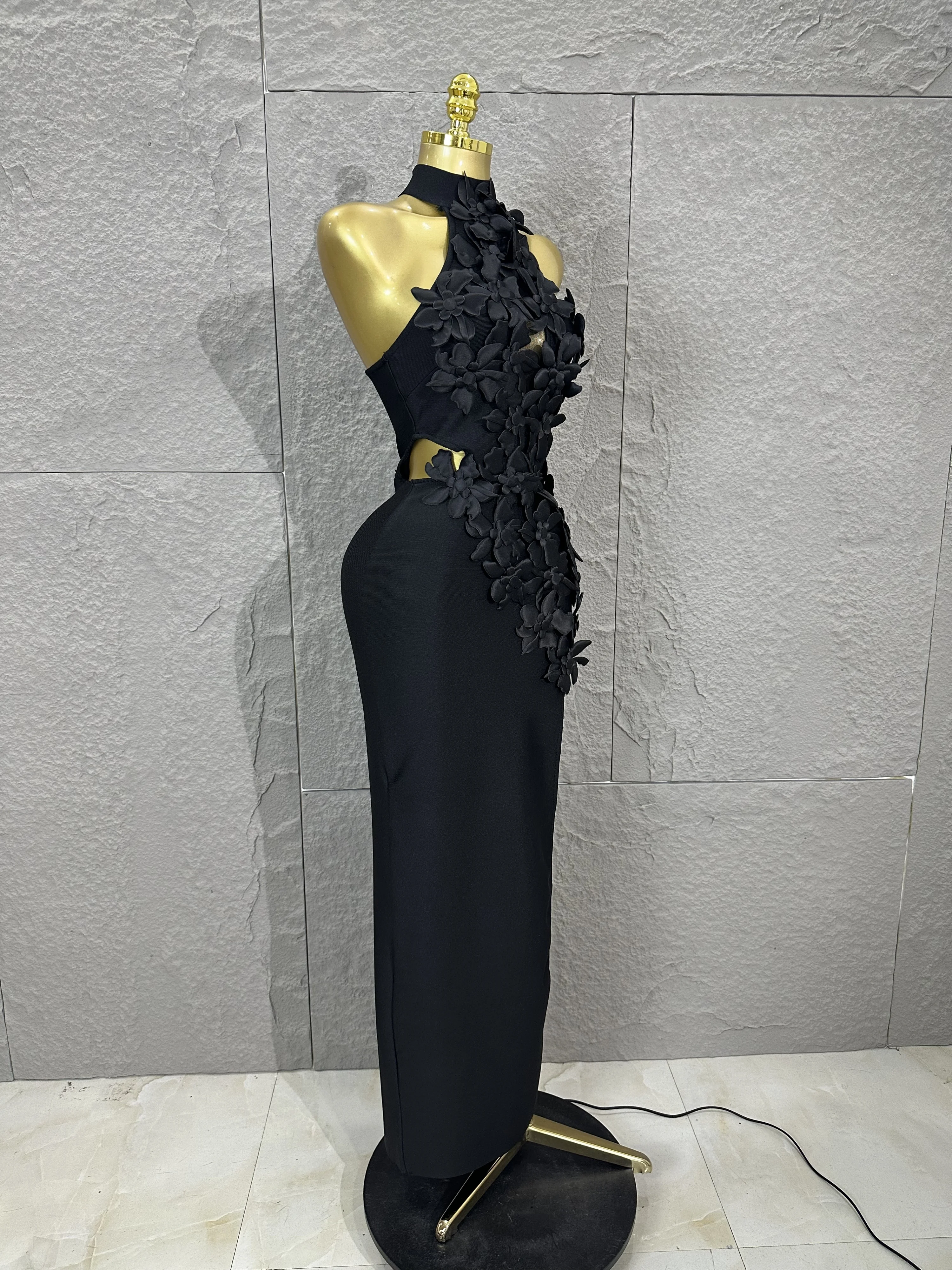 Luksusowa Impreza Urodzinowa Elegancka Dzianinowa Odzież Sukienka dla Gościa Kobiety Seksowna Bez Rękawów Kwiatowa Midi Rozcięcie Obcisła Sukienka Bandage