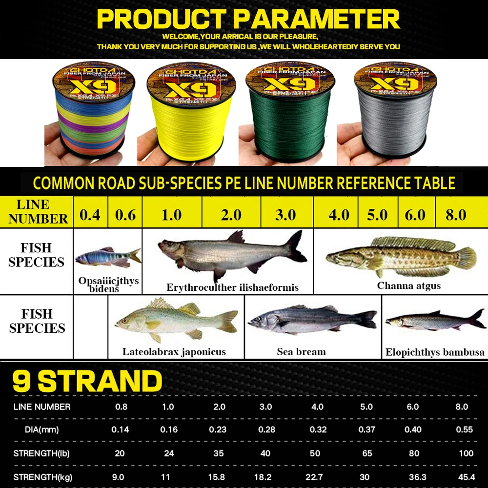 GHOTDA 1000M 500M 300M New 9 Strands Braided Fishing Line Super Strong Smooth Multifilament PE Line 20-100lb