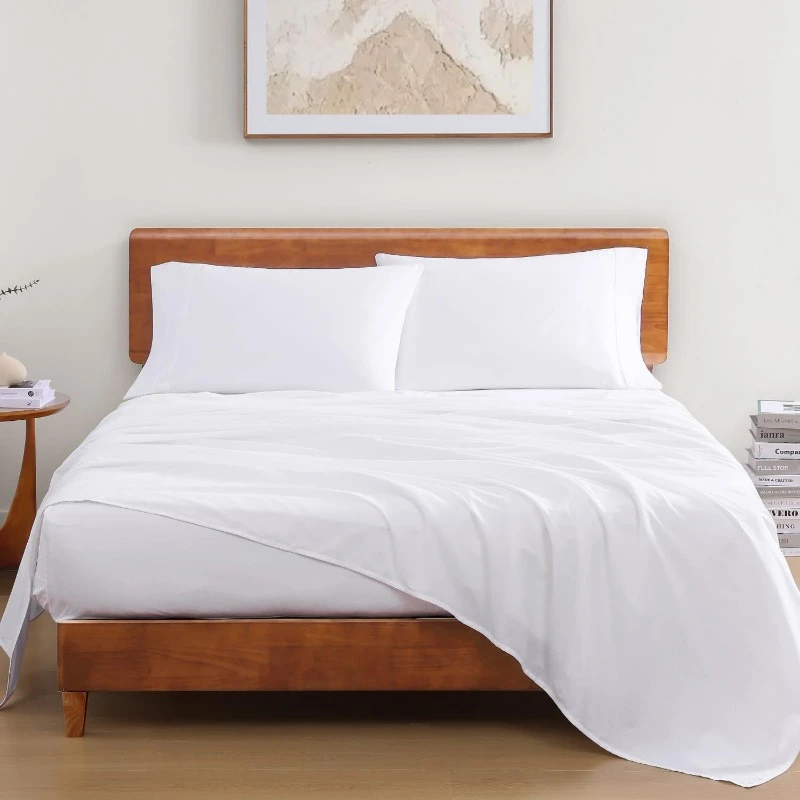 Organic Cotton Queen Sheet Set, 4Pc Cotton Sheets Queen Size Bed Set  Soft & Breathable Percale Weave, White