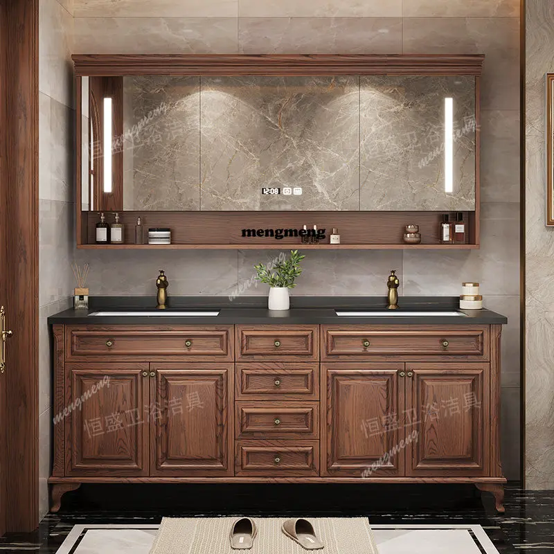 

American bathroom cabinet combination oak solid wood floor-standing slate bathroom cabinet washbasin integrated basin