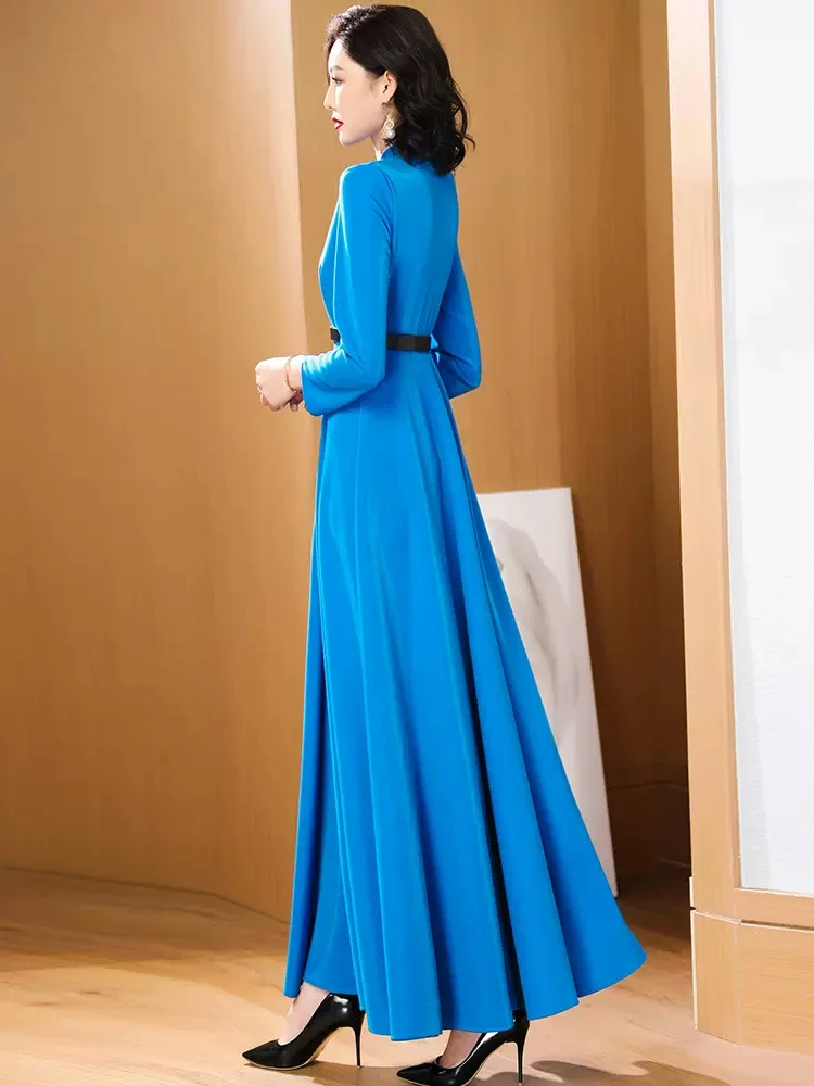 New Women Long Sleeve Dress Spring Autumn Vintage Fashion Small Stand Collar Slim A-Line Dress Beautiful Blue Lengthened Dress