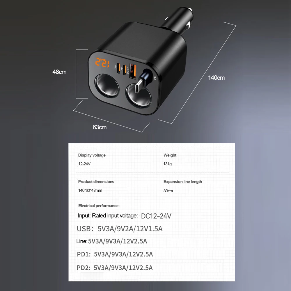 100W 6-in-1 Auto-Ladegerät Splitter PD30W QC3.0 Zigarettenanzünder-Adapter Auto-Zigarettenanzünder-Buchsen-Splitter mit Voltanzeige – Detail 10