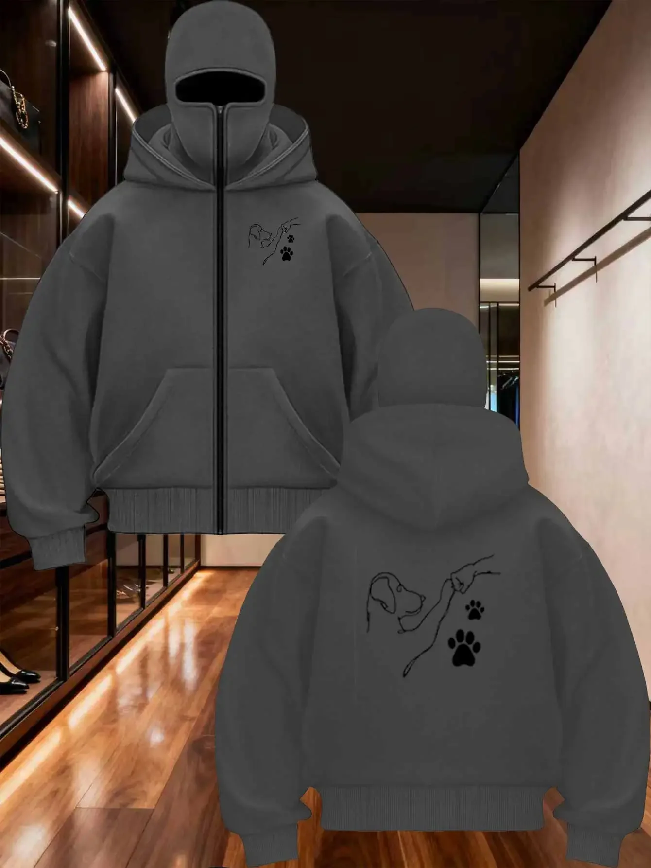 2026 Autumn Men Gothic Harajuku Winter New Item Double Hooded Dog Printed Sweatshirt Men's Hooded Mask Zipper Sportswear