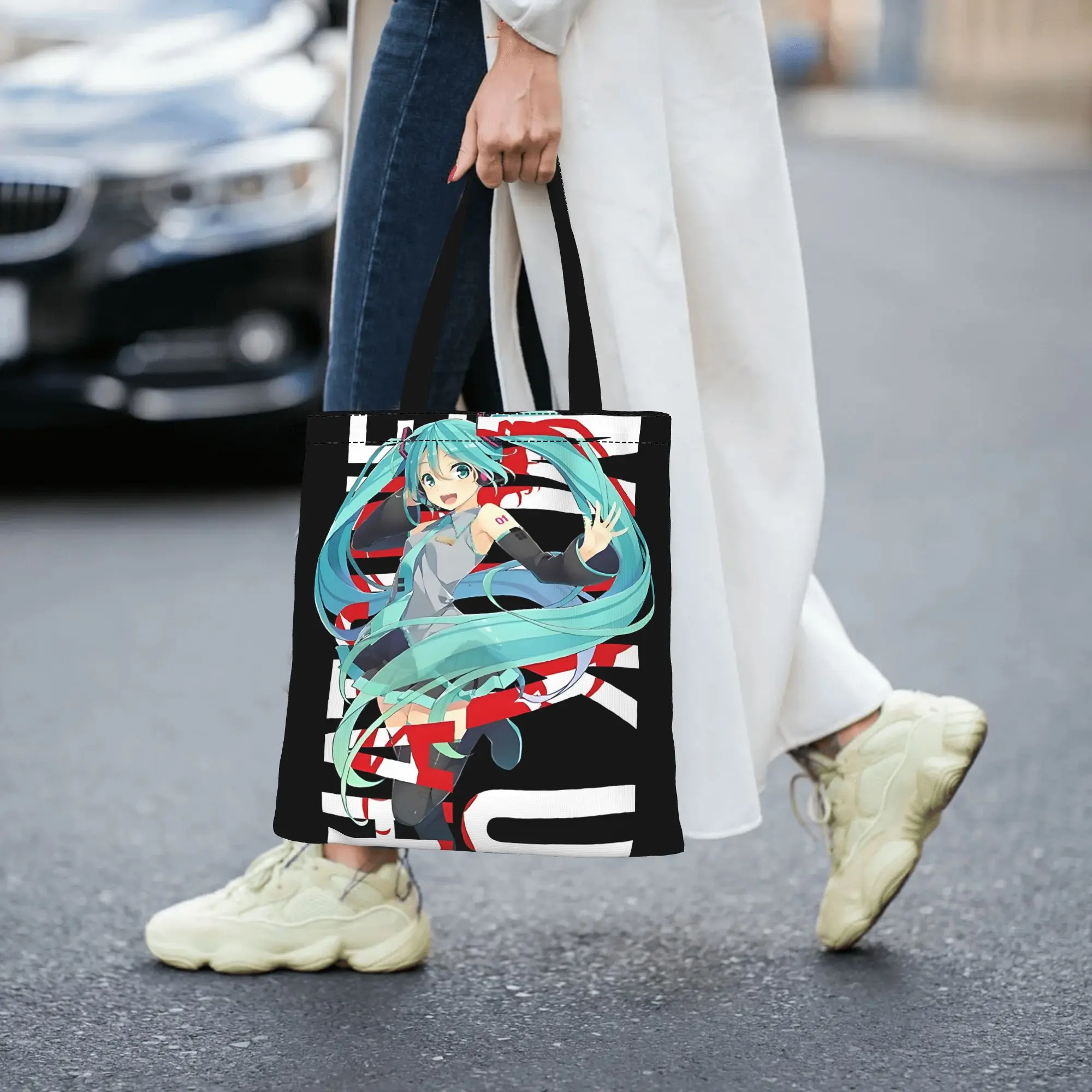Customized Hatsune Miku Cartoon Singer Women's Bag Shopping Bag Reusable Double Sided Canvas Tote Bag Shoulder  Handbag