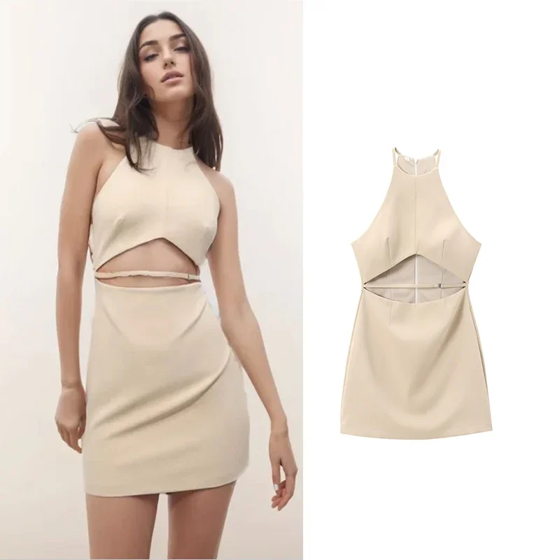 

TRAF 2024 New Dresses Women's Summer Chic Slim Belt Hollow Mini Holiday Women's Dress Street Elegant Fashion Youth Dress