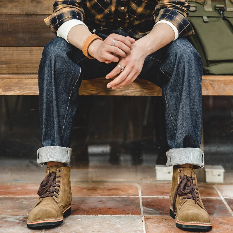 Maden Vintage 13.5oz جينز ثقيل الوزن من قماش الدنيم مغسول مستقيم منتصف الخصر سروال جينز رجالي من قماش الدنيم الخام النيلي Selvedge لخريف