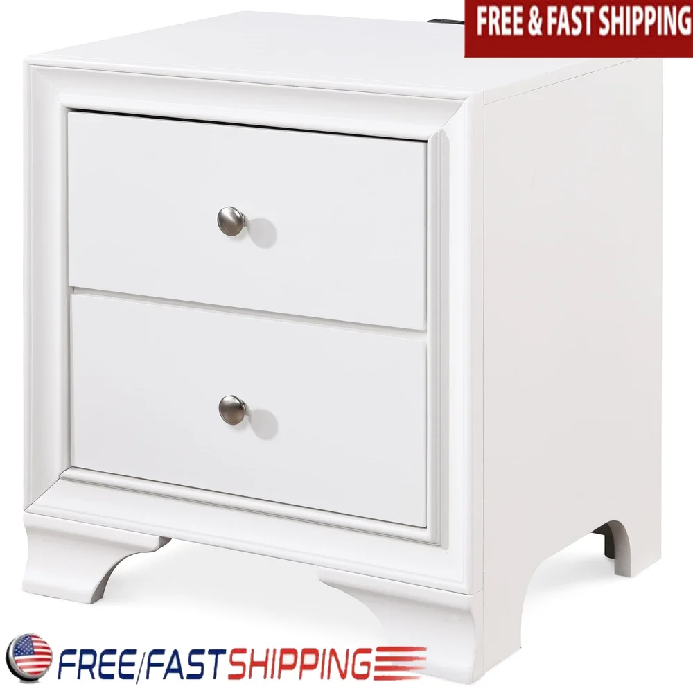 

2 Drawer Nightstand with USB Charging Station Compact Bedside Table Bedroom Storage Fully Assembled Modern Design White Finish