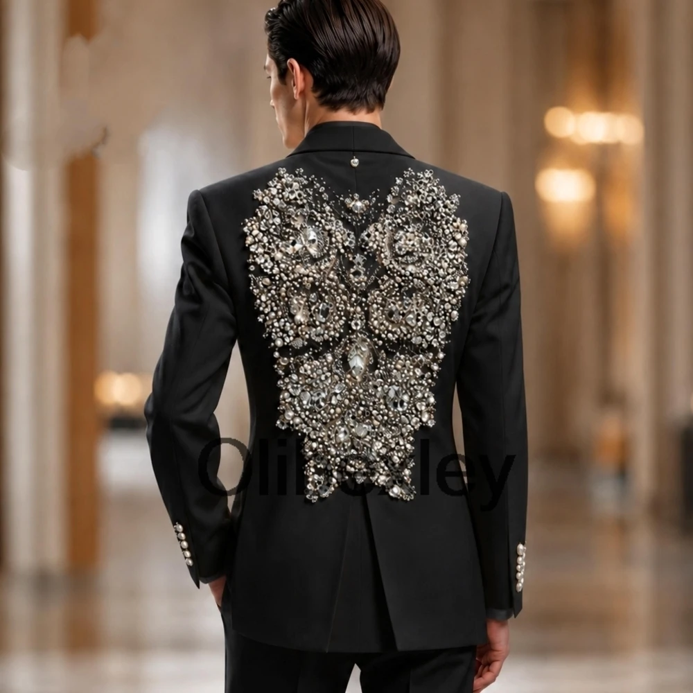 Olibexley Sparkly White Crystal Diamond Beaded 2 Pieces Men Suit Set Groom Wedding Tuxedos Pants Costumes Homme Customized S430
