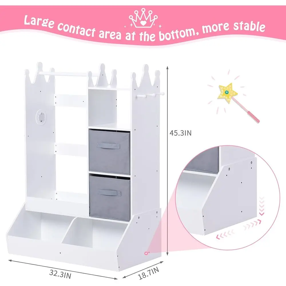 Armário de armazenamento para vestir-organizador de fantasias infantis com espelho iluminado, rack de roupas, prateleiras abertas, caixas de armazenamento e 3 ganchos, branco