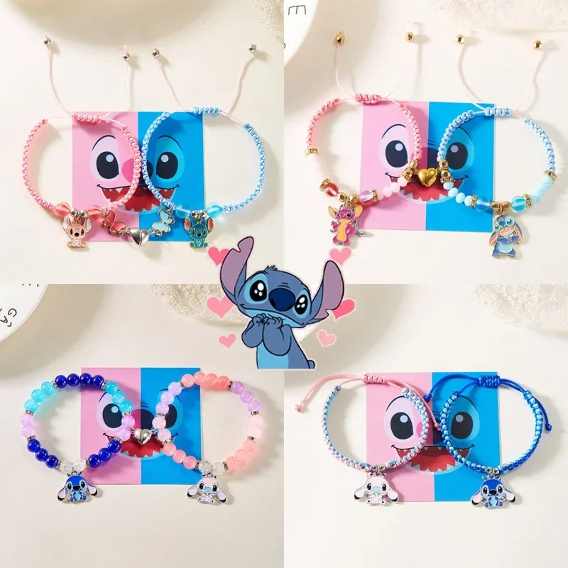 Disney Anime Lilo & Stitch Charms Bracelet Set Cartoon Figure Stitch Love Magnet Rope Chain Wristband Couple Birthday Gift