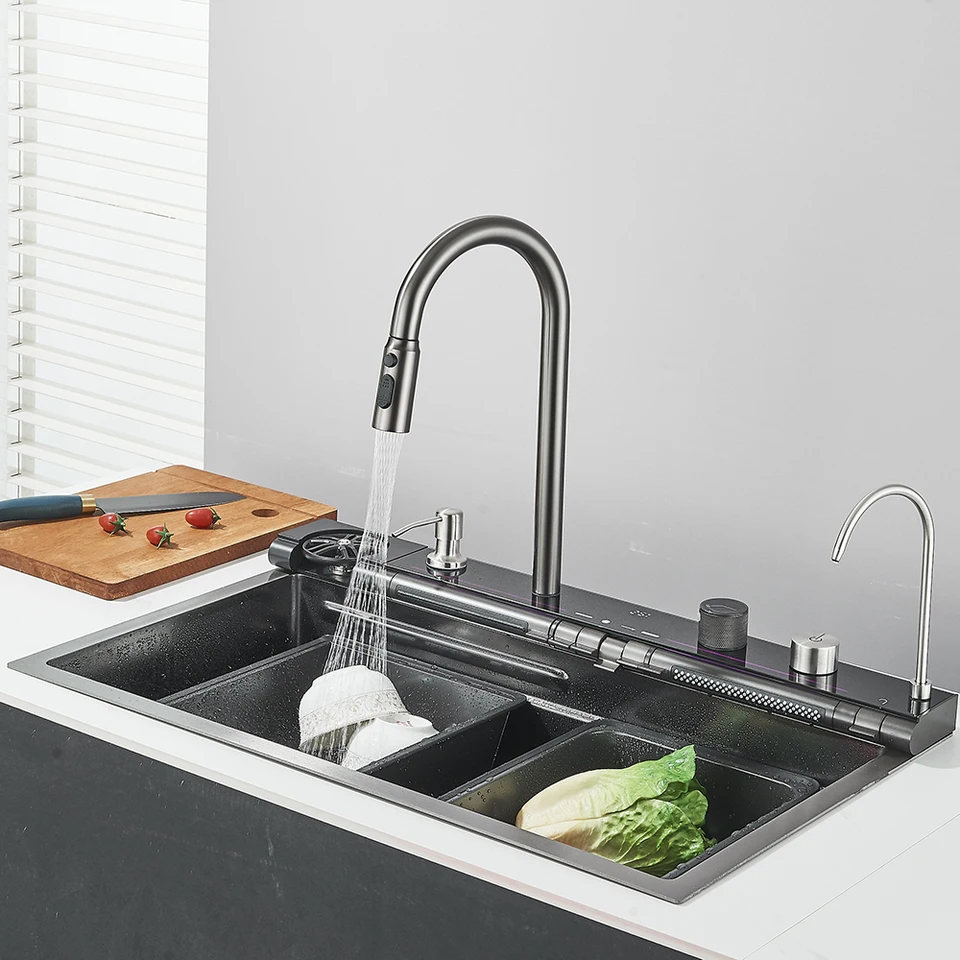 Gun Grey Waterfall Kitchen Sink Faucet Set