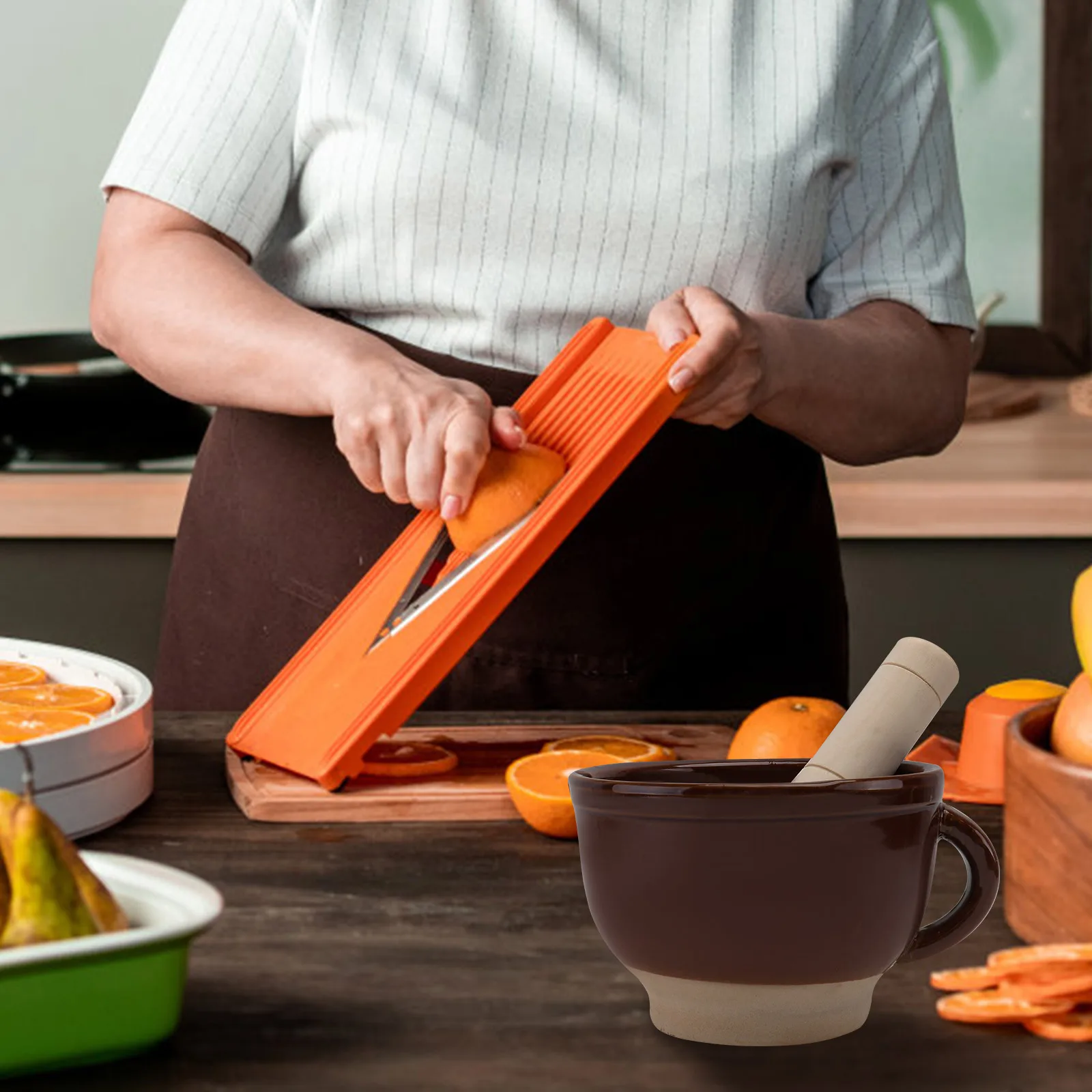 

1Set Ceramic Mortar with Wooden Pestle Garlic Grinder for Kitchen Spices and Pills Mashing Tool Household Gadget