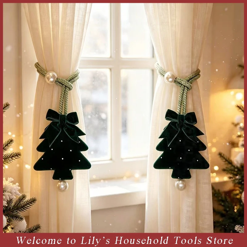 Christmas Bow Curtain Tieback Xmas Tree Bow Knot Curtain Rope Decorative Curtain Holder for Sheer Fabric Curtains Christmas Gift
