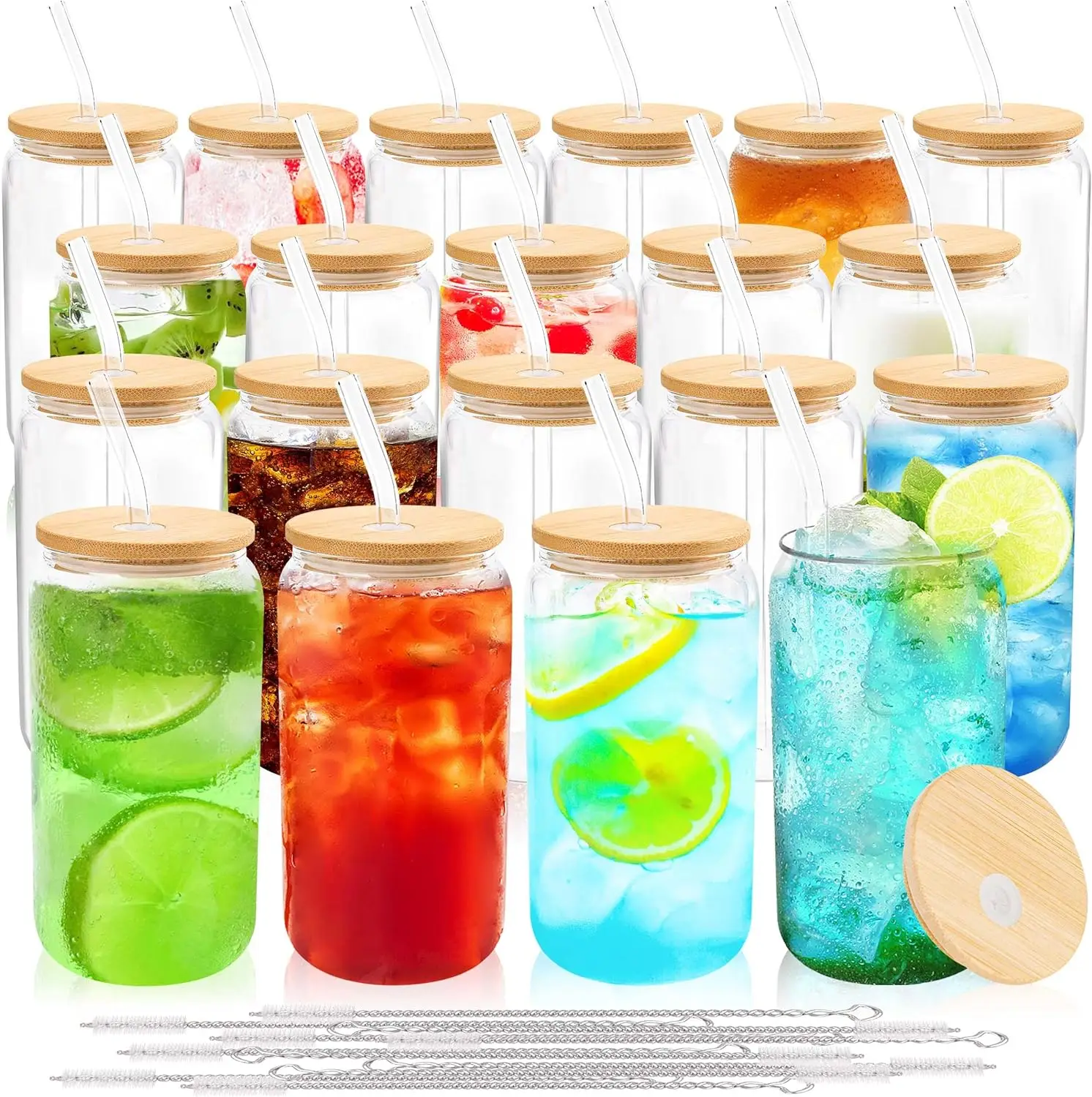 

20-Pack Reusable Glass Cups with Bamboo Lids & Straws, 16oz for Iced Coffee, Smoothies, Tea