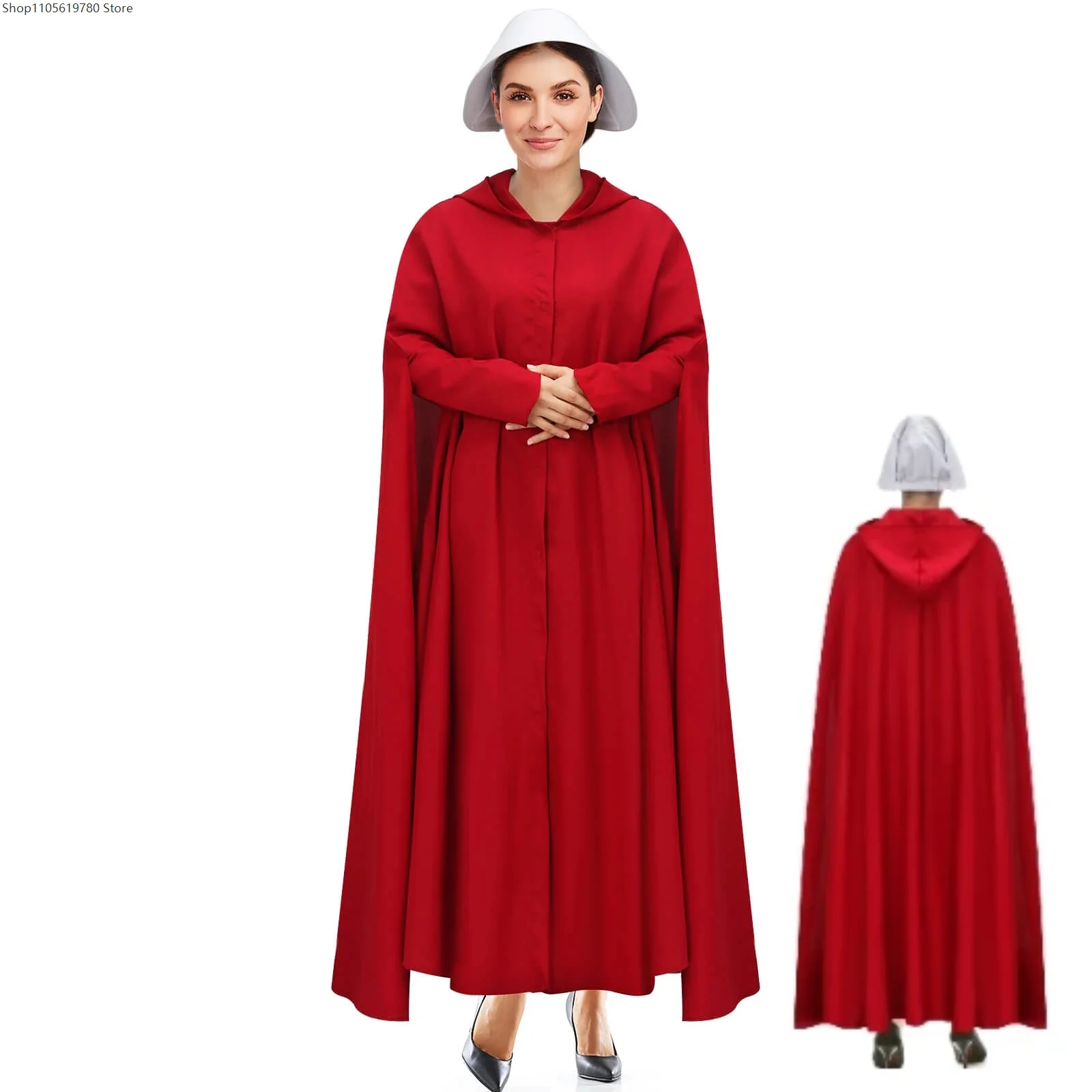 Women Medieval Fancy Dress Red Hooded Floor Length Cloak And White Hat ...