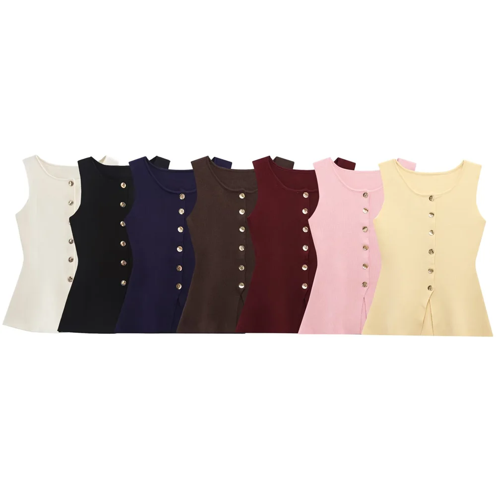 

PB&ZA 2025: женский вязаный жилет без рукавов бежевого цвета с круглым вырезом и пуговицами спереди, расклешенный подол, модный дизайн