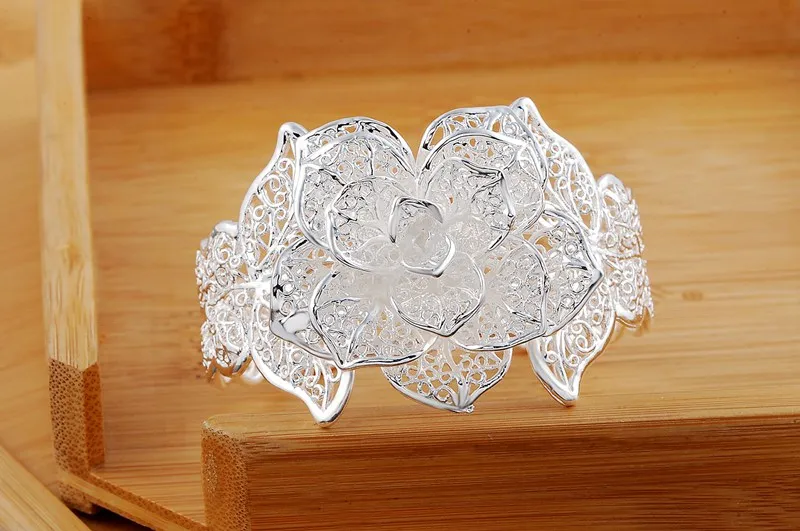 

Fine big flower wide bangle 925 Sterling Silver cuff Bracelets for Women Fashion wedding Party Jewelry Christmas gifts