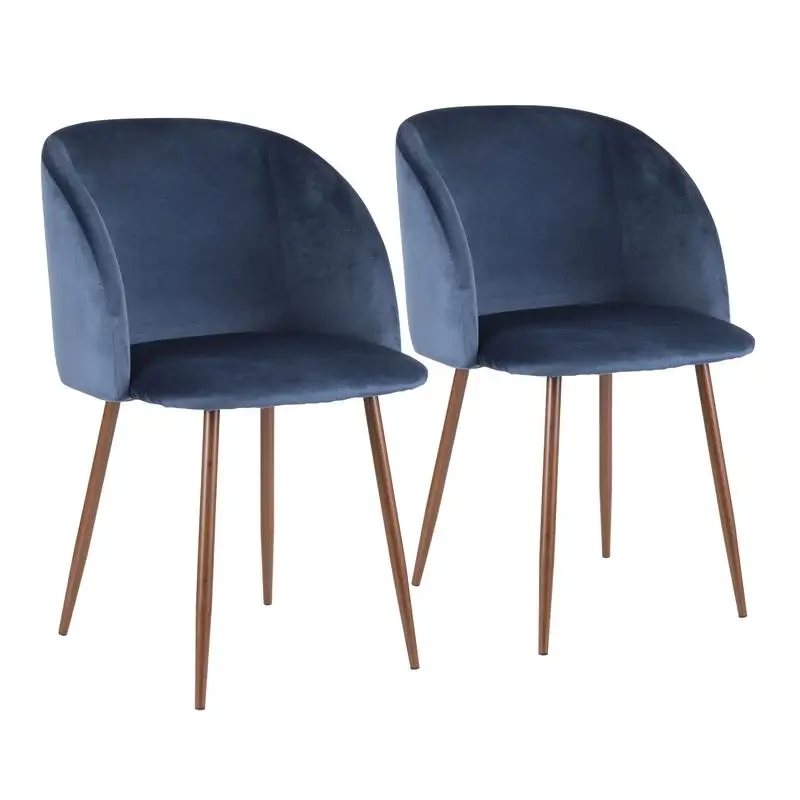 Set of 2 Contemporary Dining Chairs in Walnut with Blue Velvet Upholstery