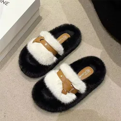 Furry slippers for women's outer wear new trendy shoes autumn and winter home cotton slippers double-strap style slippers