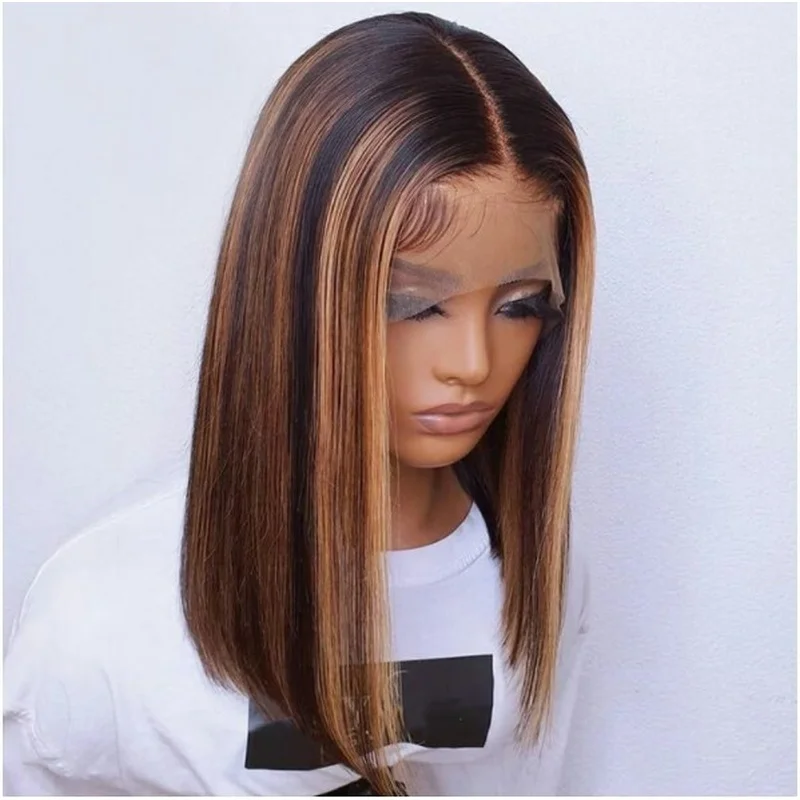 13X4 T Part Straight Lace front Hair Wig Brown Blonde Highlight Wigs Short