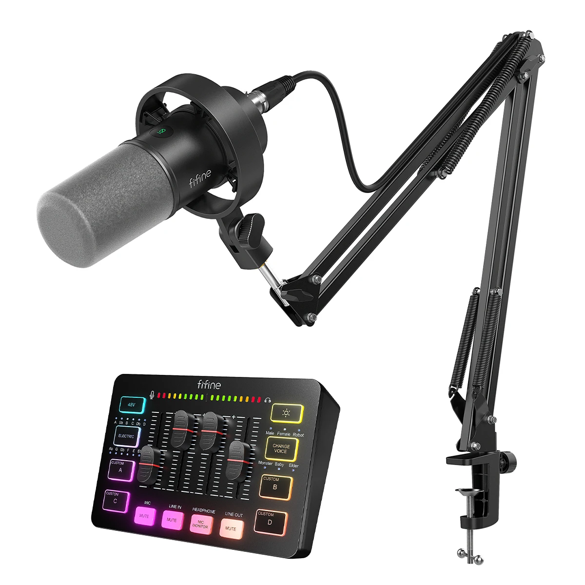 FIFINE SC3 4-Channel RGB Audio Mixer with K688 XLR/USB Dynamic