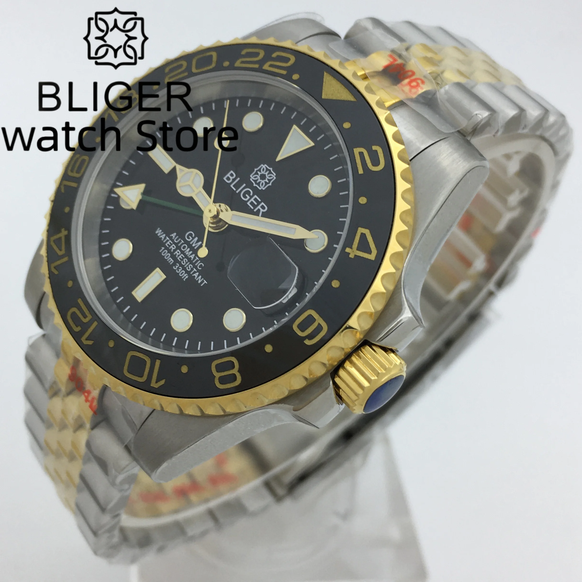 Bliger40mm Gold Silver Case Automatic Men's Watch Sapphire glass NH34 gmt Automatic Date Window Metal strap Ceramicluminousbezel