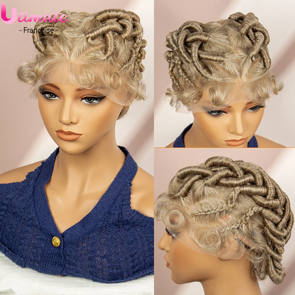 Wig kepang sintetis pendek 27/613 dengan rambut bayi wig renda penuh transparan wig Afro untuk wanita