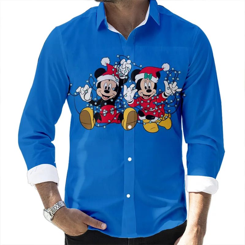 New Christmas Fall Popular Disney Brand Mickey and Winnie the Pooh Anime 3D Printed Long Sleeve Lapel Shirt Slim Fit Men's Top