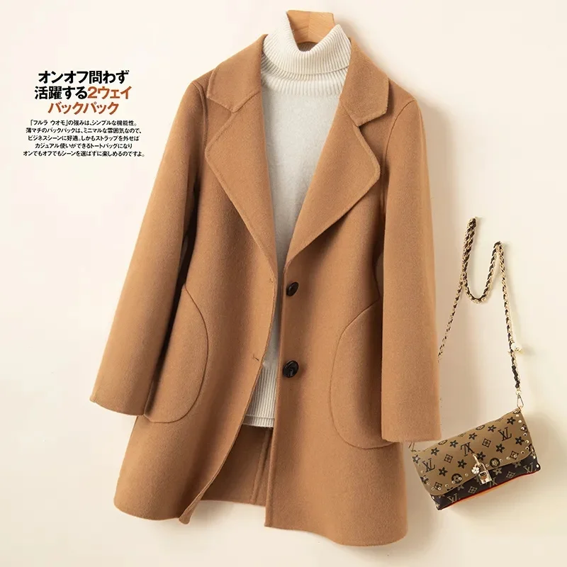 

Wool Blend Coat Women Korean Fashion Preppy Style Medium Length Jacket Female Autumn Winter Single Breasted Lapel Outerwear
