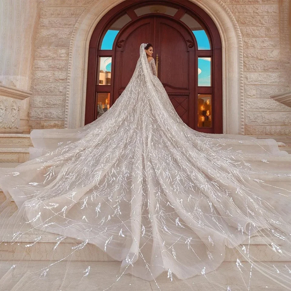 Luxury V-Neck Sparkly Sequined Ball Gown Wedding Dresses 2026 Princess Dubai Arabian Long Sleeves Bridal Gowns Vestidos De Novia