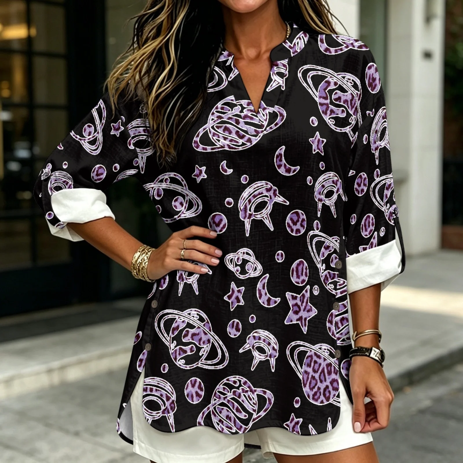 PENSTROLL Planet Star Linen-Like V Neck Loose Fit Tunic Top Side Slit Casual Loose Fit Blouses for Women Sizes S-5XL