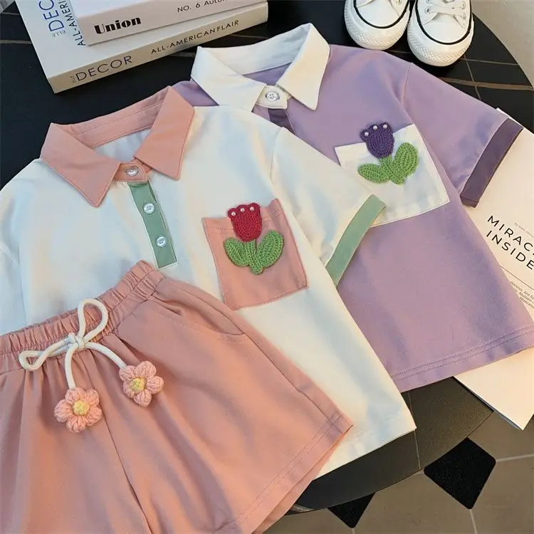 

Girls' Cotton Summer 2023 New Western Style Children and Teens Short Sleeve Polo Shirt Casual Two-Piece Suit