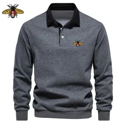 New Men's High-quality Embroidered Pure Cotton Long Sleeved Polo Shirt, Luxurious, Fashionable, Casual, Comfortable and Versatil