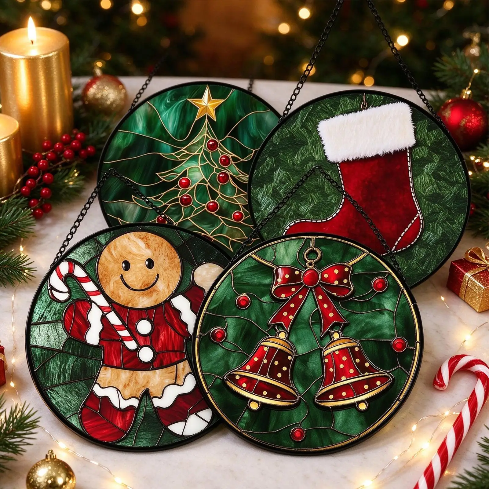 Christmas Sun Catchers Kit 4 pieces Acrylic Art Craft Ornaments Stained Glass Sun Catcher for Women Dad Mom Home Farmhouse