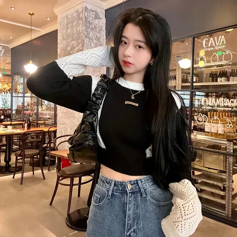 Hotsweet Sweater Off Shoulder Cut Out Crop Top Elastics Loose Hollow Out Black White Patchwork Long Sleeve Top Knitting Autumn