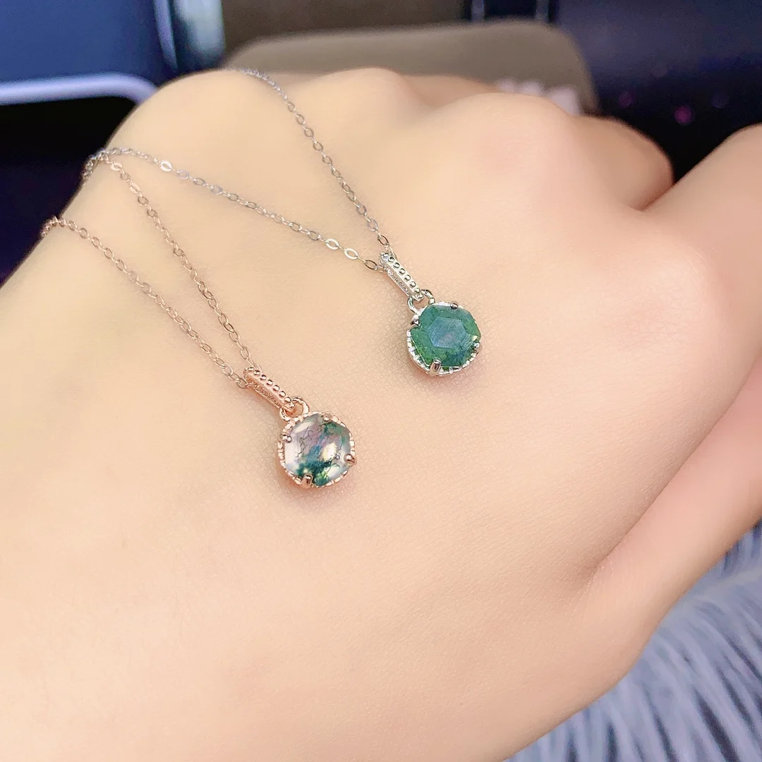 

6mm Natural Hexagon Moss Agate Pendant Sterling Silver Simple Women Necklace For Gift