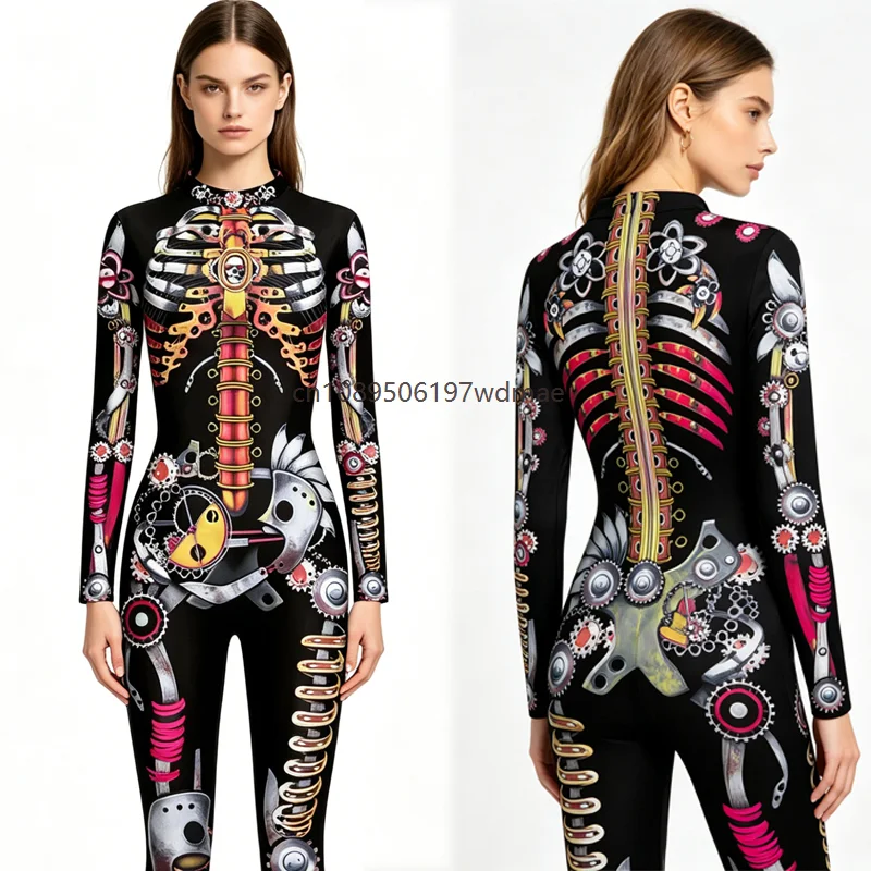 

Steampunk Skeleton Print Jumpsuit Women Long Sleeve Zipper Bodysuit Cosplay Costume Skinny Full Body Catsuit Party Outfit
