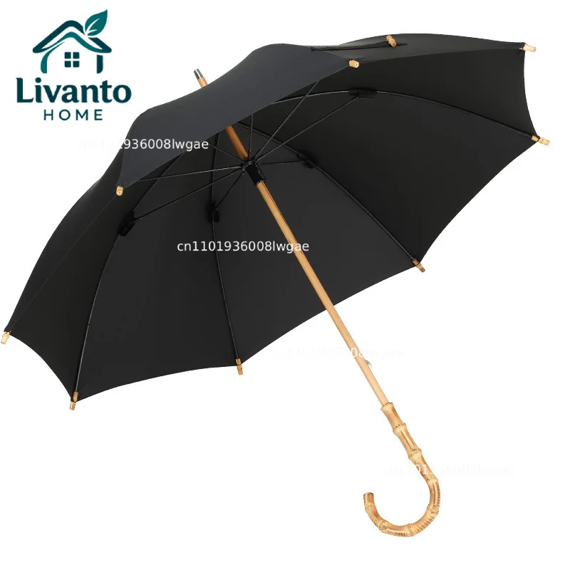 

Men's Old-fashioned Bamboo Handle Long Handle Umbrella Curved Handle Umbrella Hook Solid Color British Sunshade UV Protection