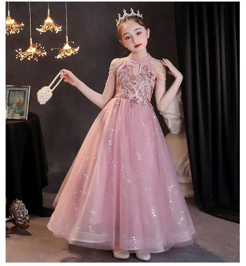 Pink Girls Dress Sequined Kids Pageant Gown Birthday Party Host Piano Costume Girls Evening Dress Vestidos Teen Ceremony 14 Year