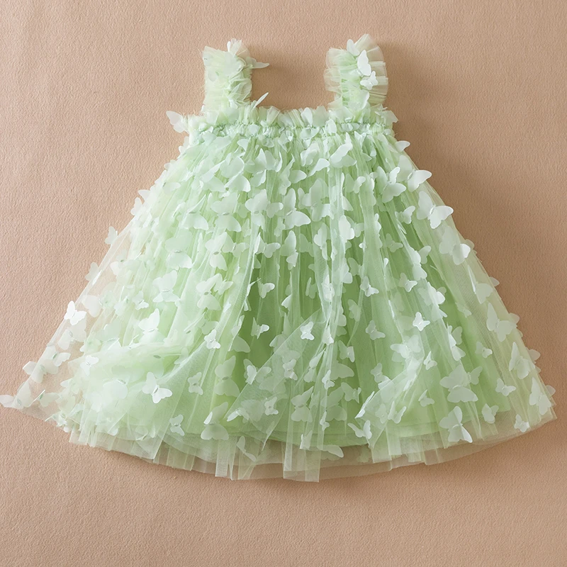 2024 New Summer Baby Girls Dress 3D Butterfly Tulle Tutu Princess Dress Birthday Party Strap Dress for 1-5Y Toddler Kids Clothes